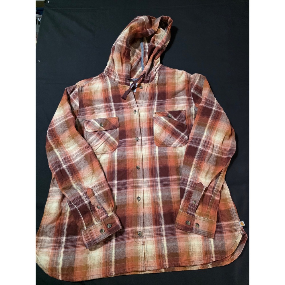 Carhartt Womens XL Orange Brown Plaid Hooded Flannel Button Down Shirt